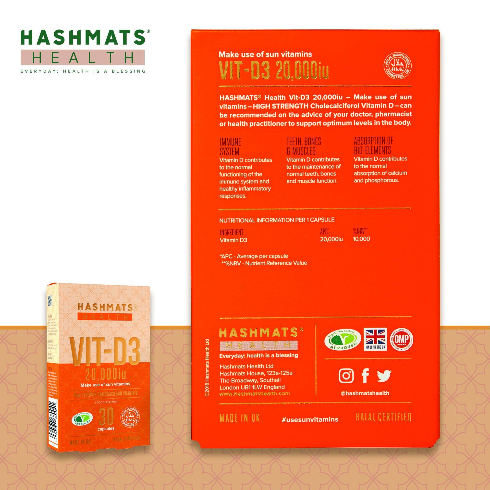 halal vitamins Vit-D3 20,000iu (30 capsules x6) Bundle - Hashmats Health