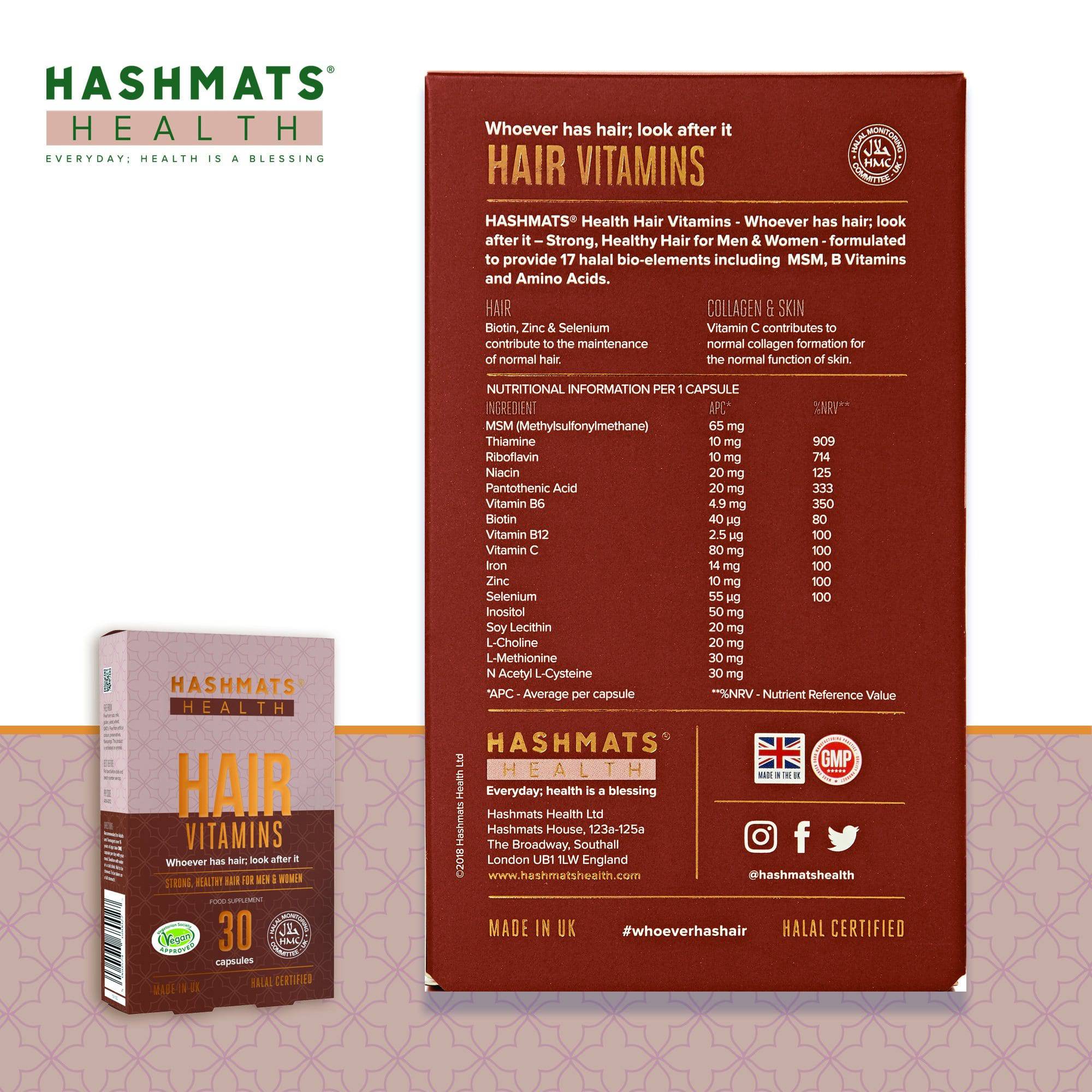 halal vitamins Hair, Skin & Nail Vitamins Vegan by HASHMATS® (30 capsules x6) Bundle - Hashmats Health