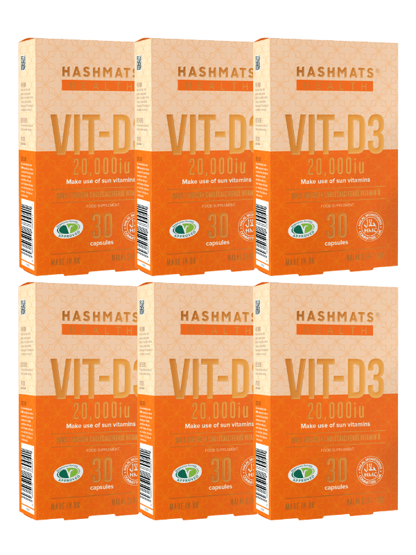halal vitamins Vit-D3 20,000iu (30 capsules x6) Bundle - Hashmats Health